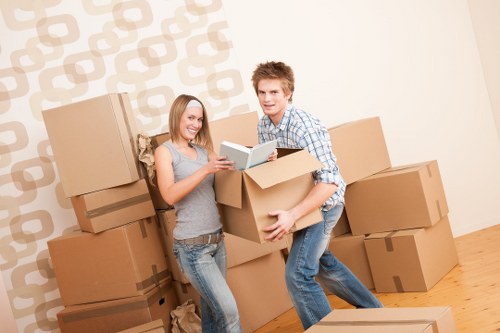 Packed household boxes prepared for temporary storage in Knightsbridge